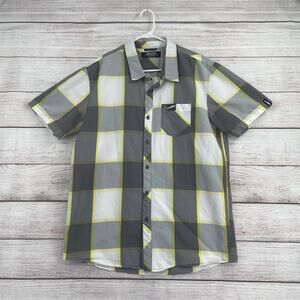 FMF‎ Racing Short Sleeve Plaid Button Down Shirt Men's Size XL Gray/Yellow